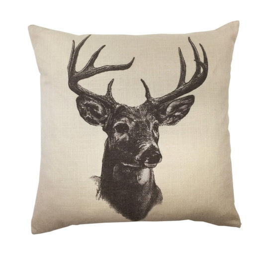 Linen - Whitetail Deer Linen Print Throw Pillow - Cream / Brown