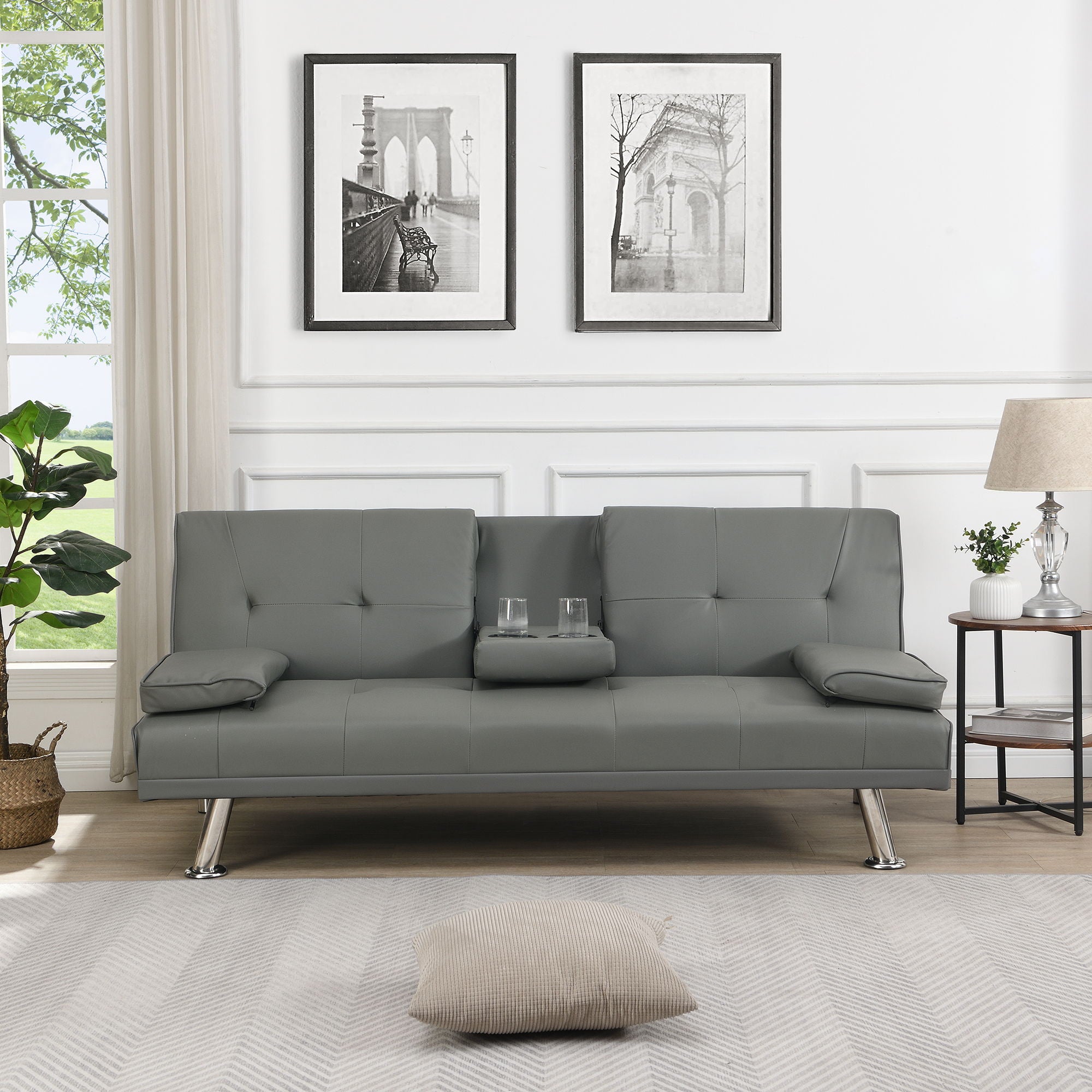 Sofa Bed With Armrest Two Holders Wood Frame, Stainless Leg Futon - Gray
