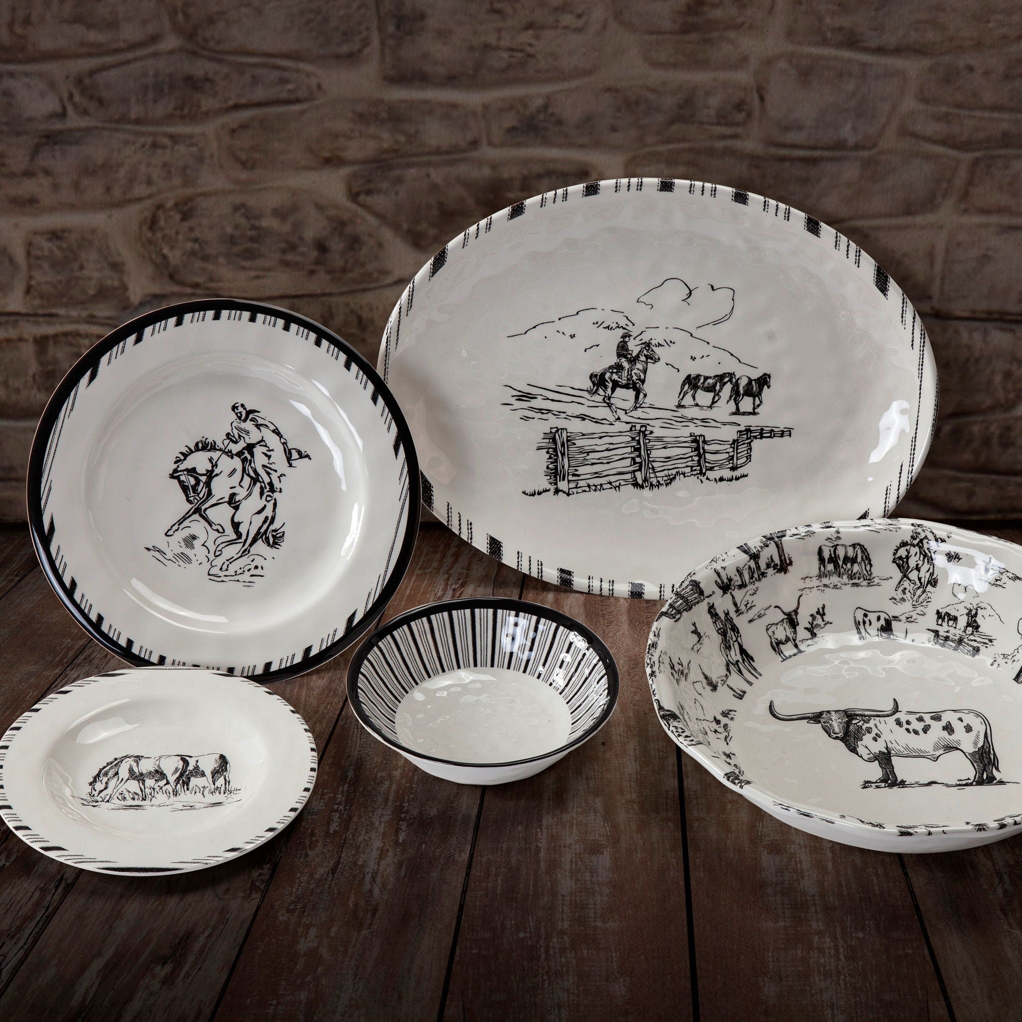 Ranch Life - Melamine Dinnerware Set (Set of 14), 2 Per Carton - White / Black