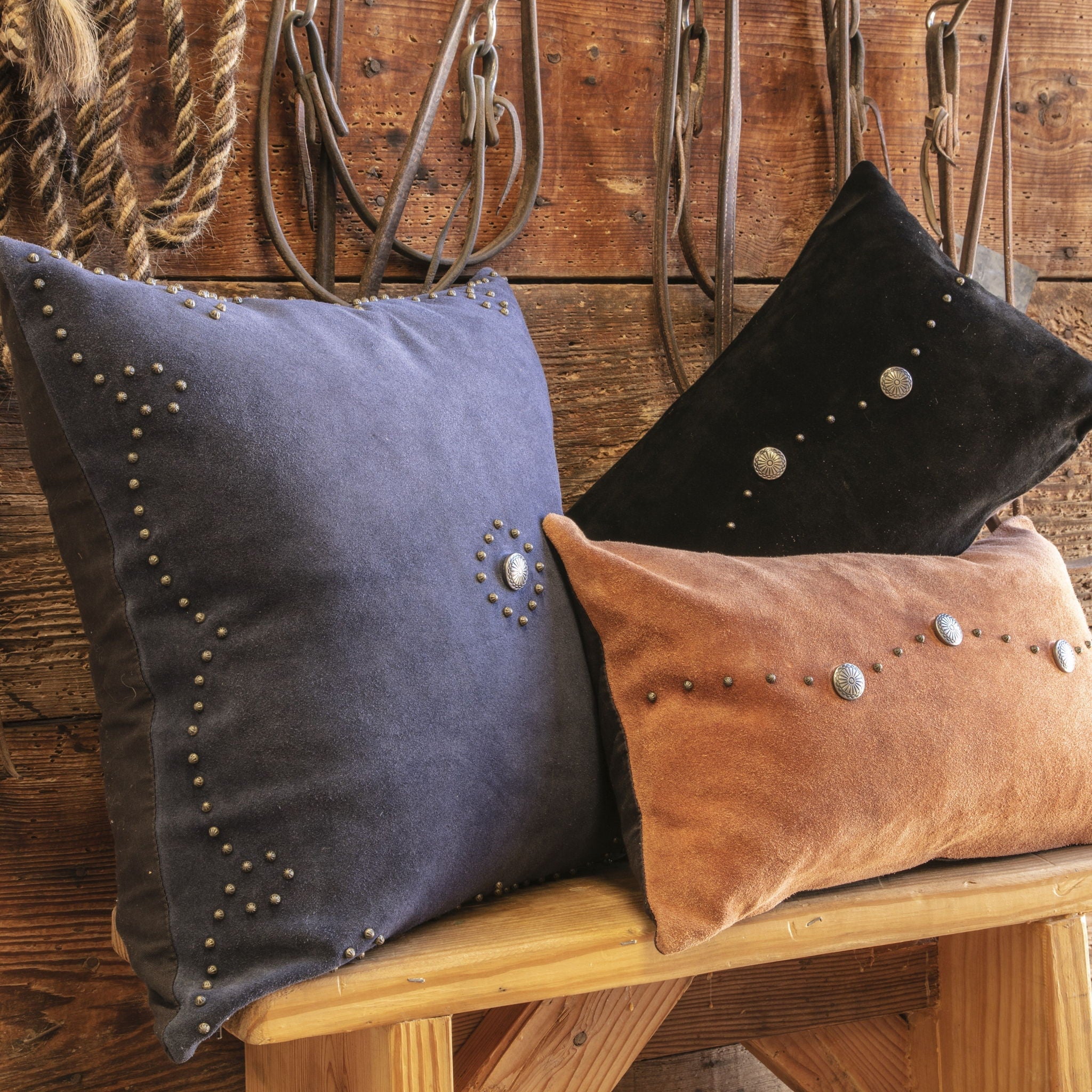 Western Suede Pillow - Western Suede Antique Silver Concho & Studded Pillow - Black