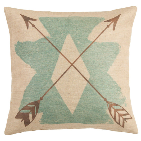 Aztec - Burlap Throw Pillow - Tan / Turquoise