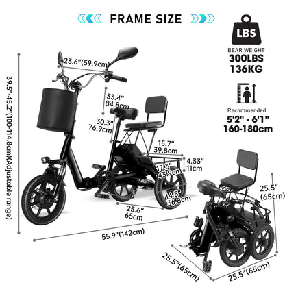 Folding Electric Trike With 350W Peak Motor, 480Wh Removable Battery, 2 Seat Design