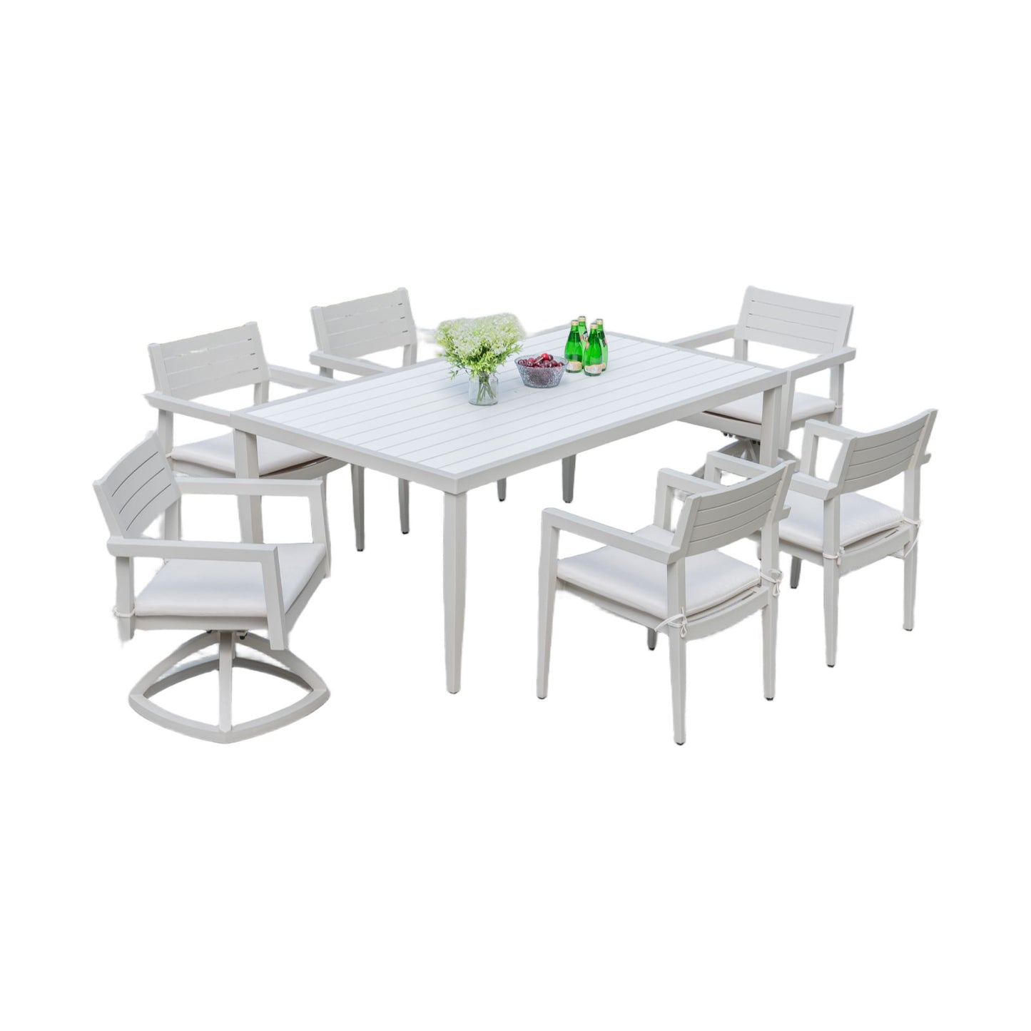 Modern Patio Furniture Dining Set With Swivel Rockers Chairs, Sunbrella Cushions, 2 Tone Table