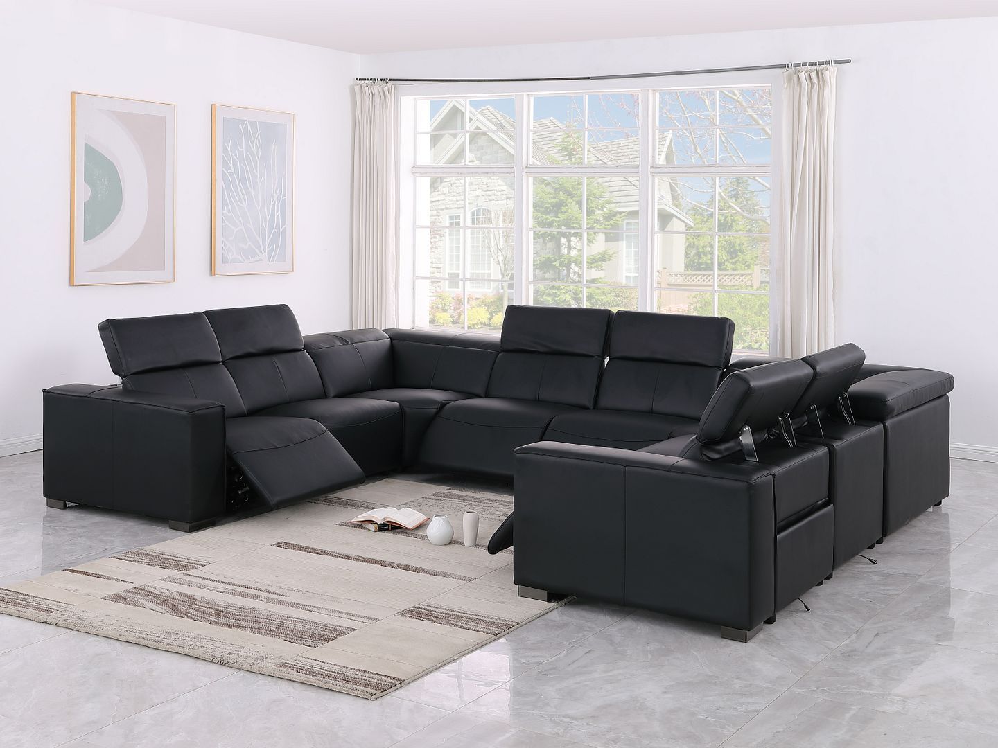 1208 - 8 Piece U Shaped Leather Sectional With 4 Power Recliners & Power Headrest