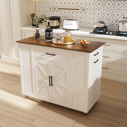 Rustic Movable Kitchen Island On Wheels With Storage & Power Outlet - White