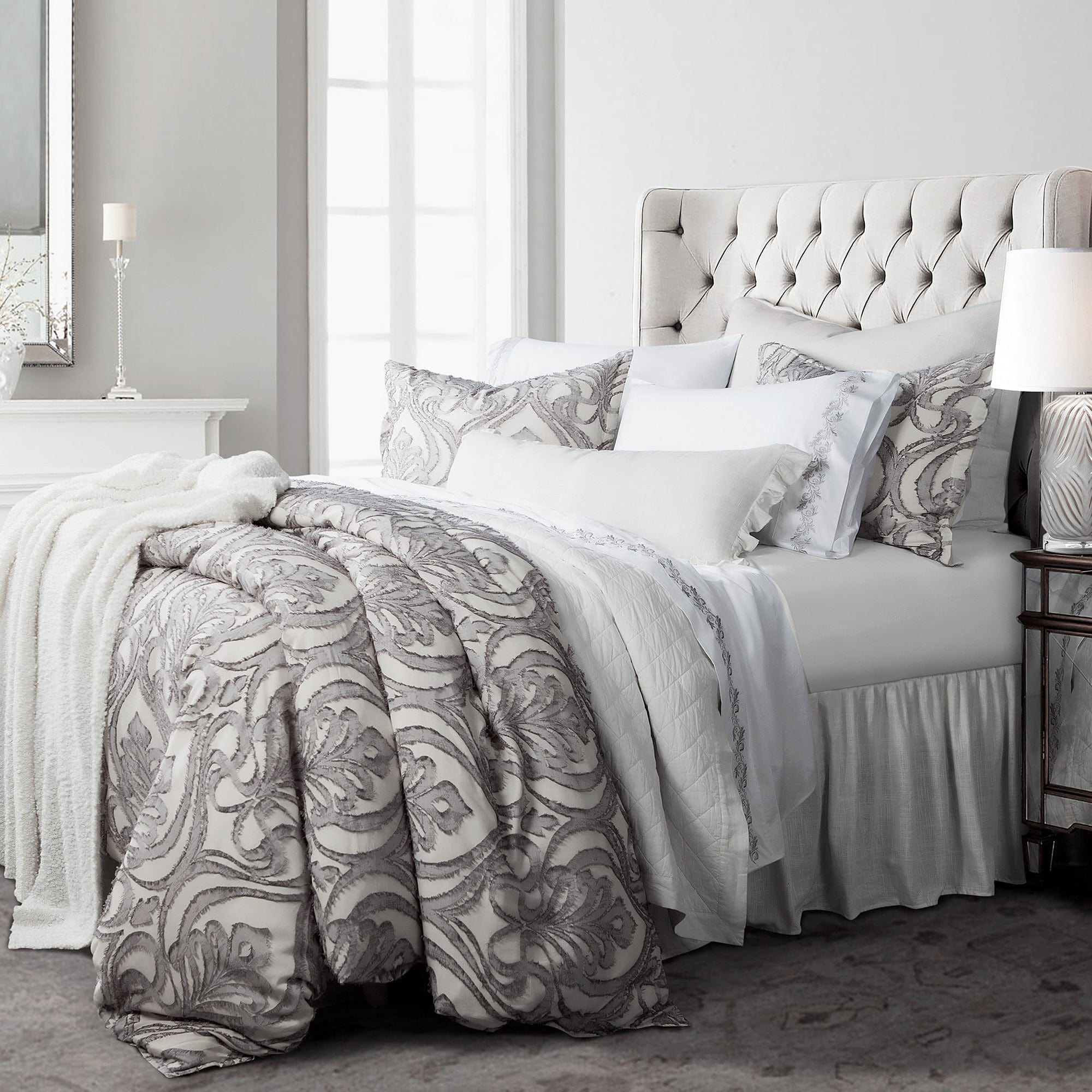 Nicole - Queen Damask Duvet Cover Set (Set of 3) - Gray