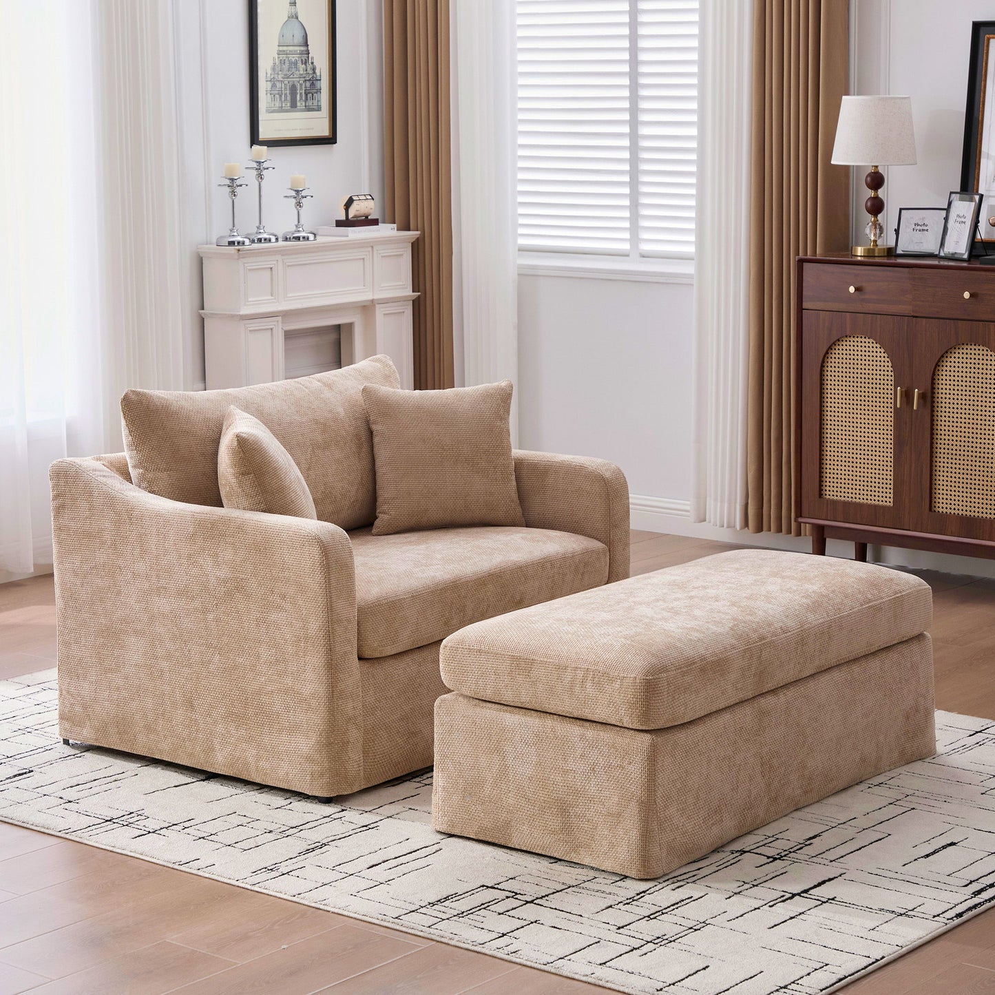 Accent Chair Wide With 2 Bolster Pillows, And Matching Ottoman