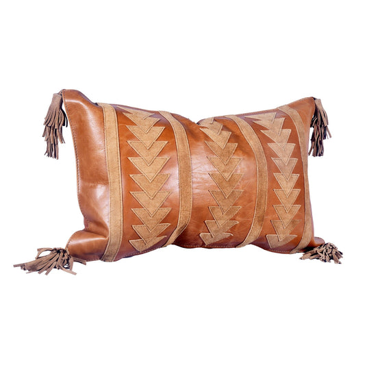 Genuine Leather - Genuine Leather & Suede Arrow Tasseled Lumbar Pillow - Tan