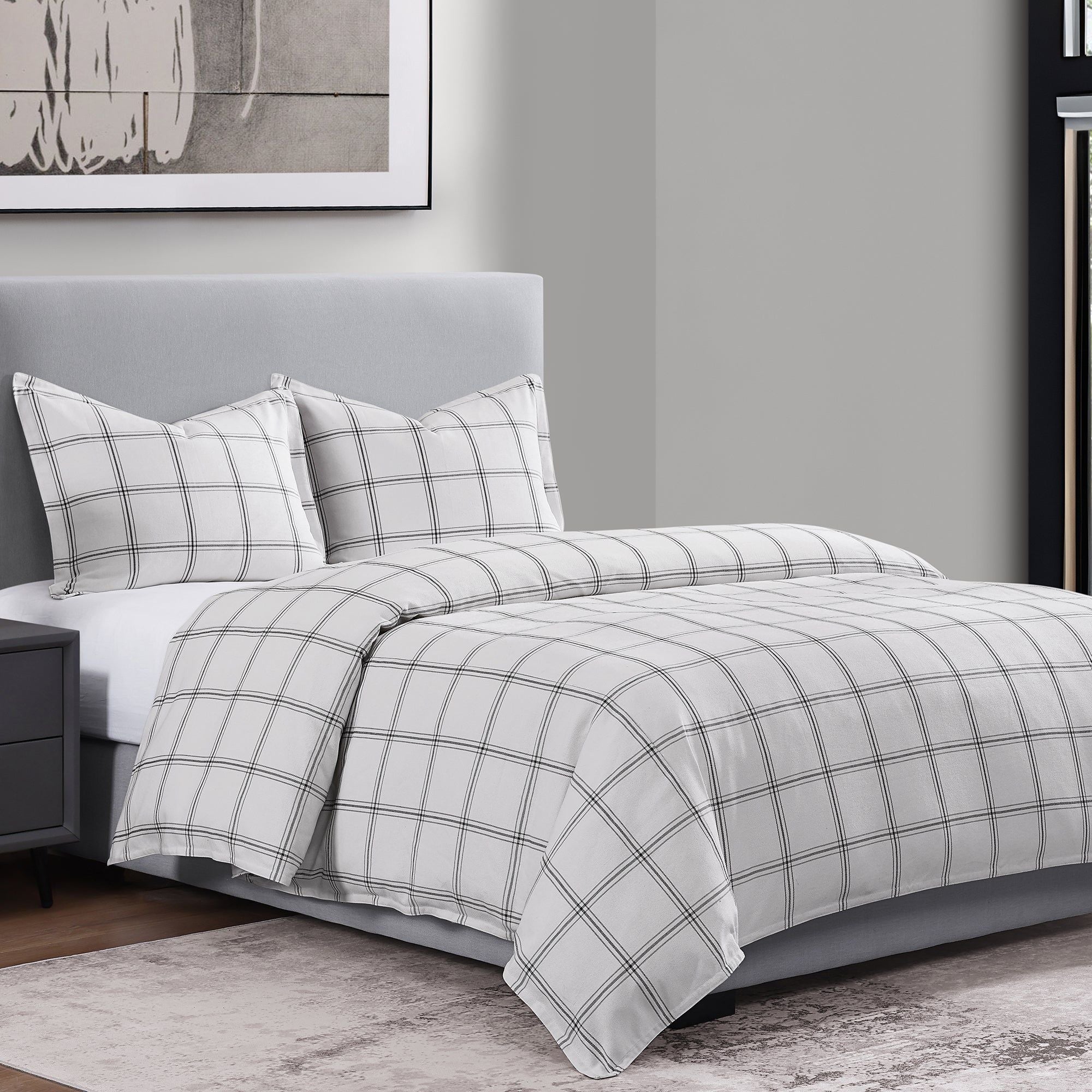 Windowpane - King Plaid Duvet Cover Set (Set of 3) - White