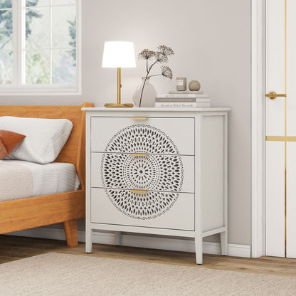 3 Drawer Cabinet With Hollow Carved 3 Drawer Dresser Storage Chest With Metal Handles For Entryway Living Room Bedroom - Beige