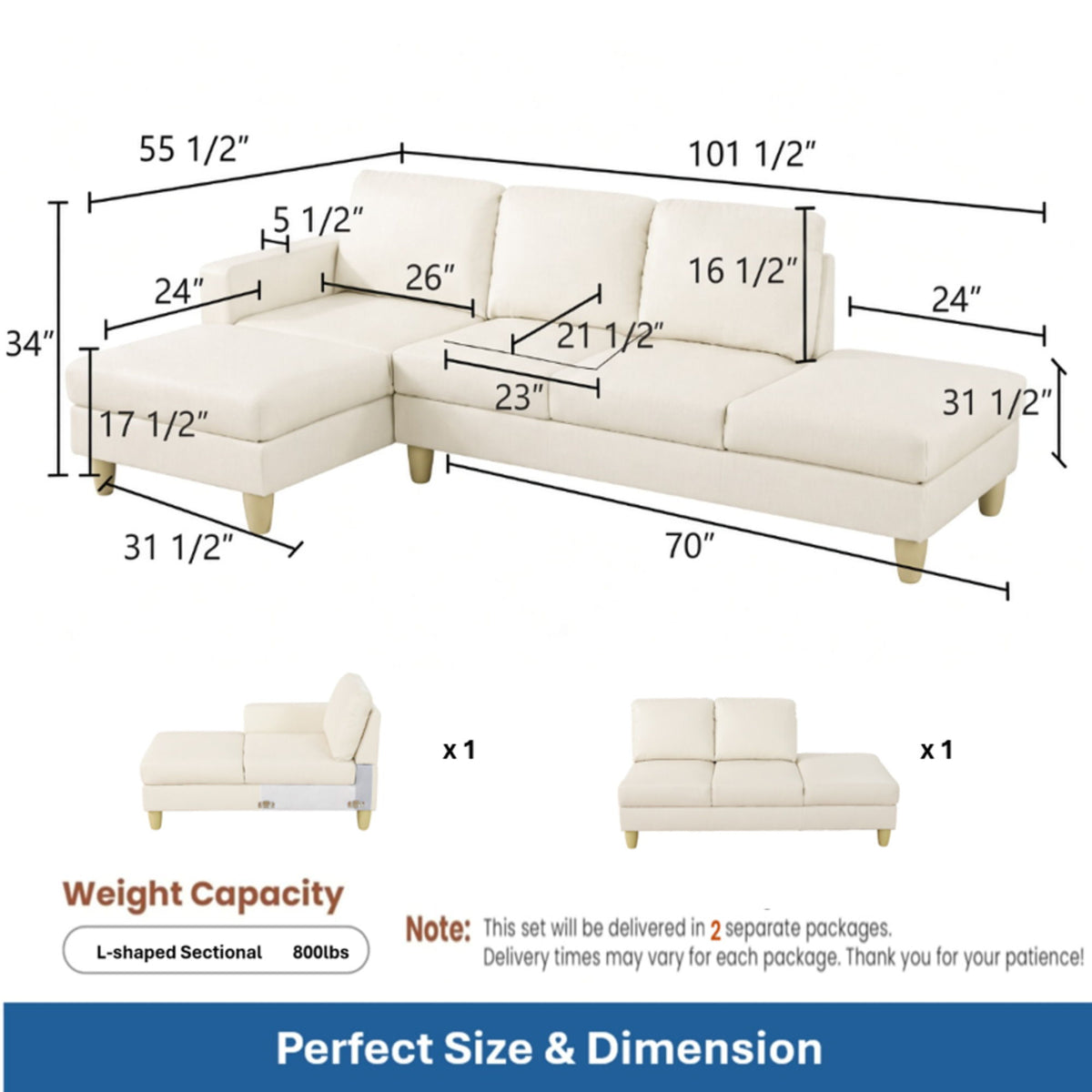 L - Shaped Sectional Sofa With Chaise & Ottoman