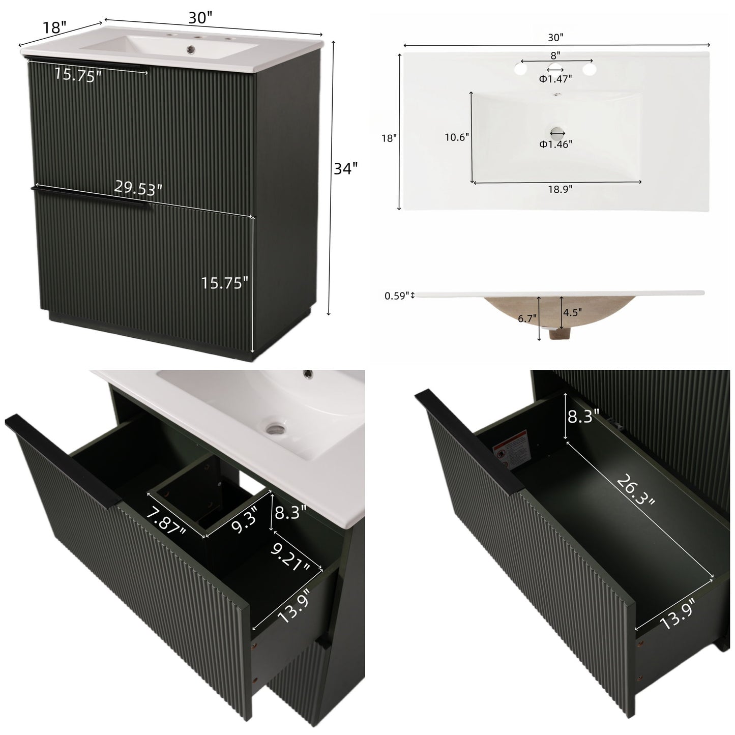 Fluted Bathroom Vanity With Ceramic Sink, Soft Close Slides