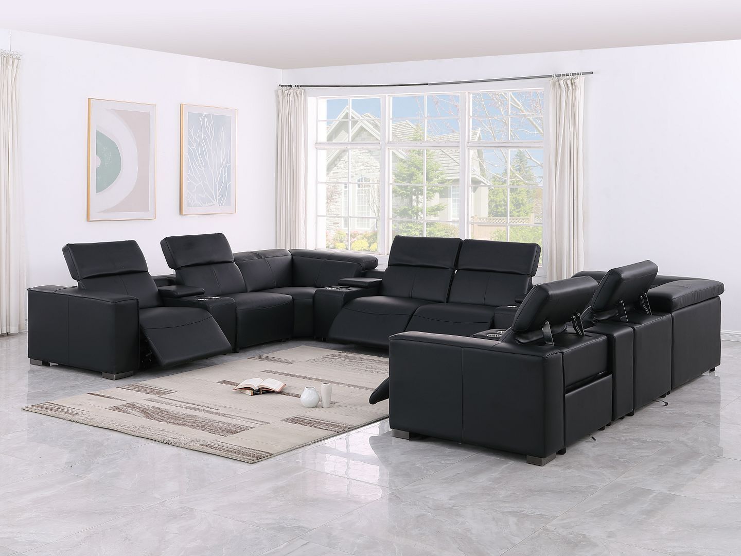 1208 - 12 Piece U Shaped Leather Sectional With 4 Power Recliners & Power Headrest