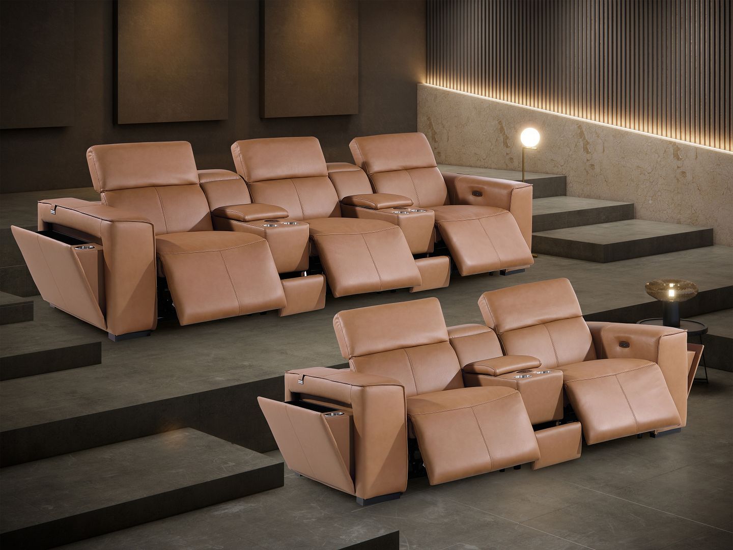 1224 - Coganc 8-Piece Modular Power Reclining Sofa & Loveseat Set In With 5 Power Recliners & Power Headrests - Cognac