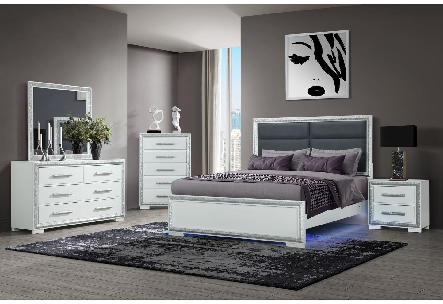 Andros - 5 Piece King Bedroom Set With LED - Silver