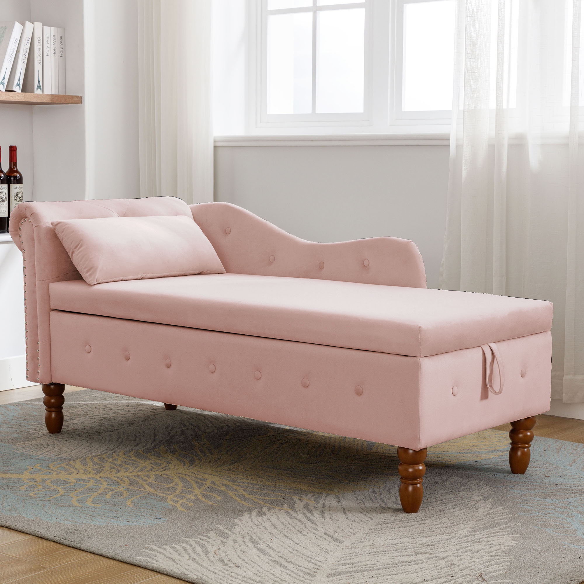 Chaise Lounge Indoor, Lounge Chair For Bedroom With Storage & Pillow, Modern Upholstered Rolled Arm Chase Lounge For Sleeping With Nailhead Trim For Living Room Bedroom Office