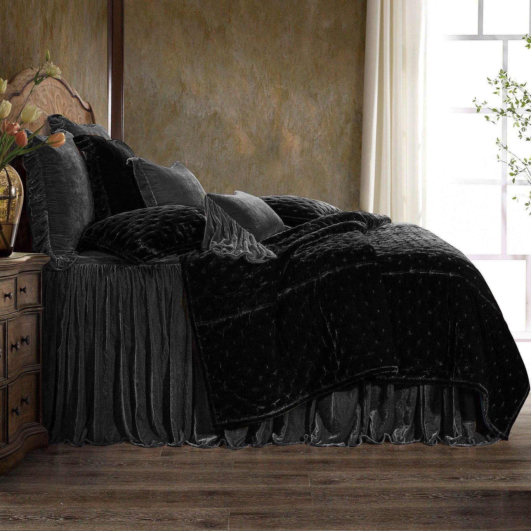 Stella - Queen Faux Silk Velvet Bedspread Set (Set of 3) - Dark Slate