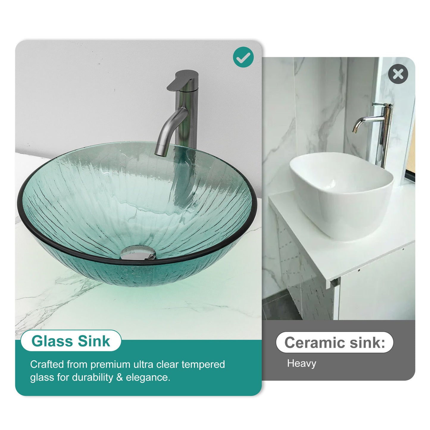 Vessel Sink With Trim, Round Bowl, Pop Up Drain (No Faucet) - Green