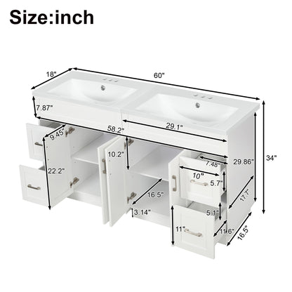 Bathroom Vanity With 4 Cabinet Doors, 4 Drawers, Dual Sinks, Hidden Soft Close Slides And Hinges - White
