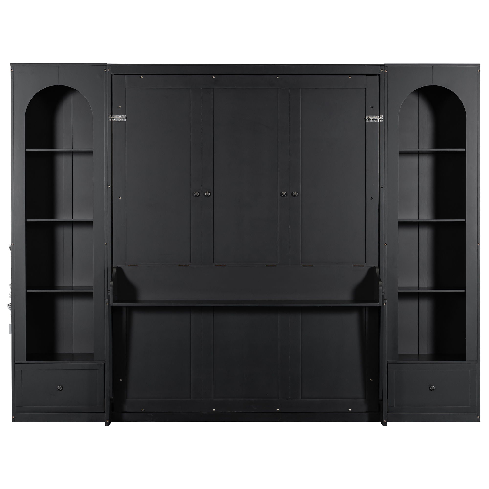 French Style Murphy Platform Bed With Shelf, Side Cabinets, Drawers And LED