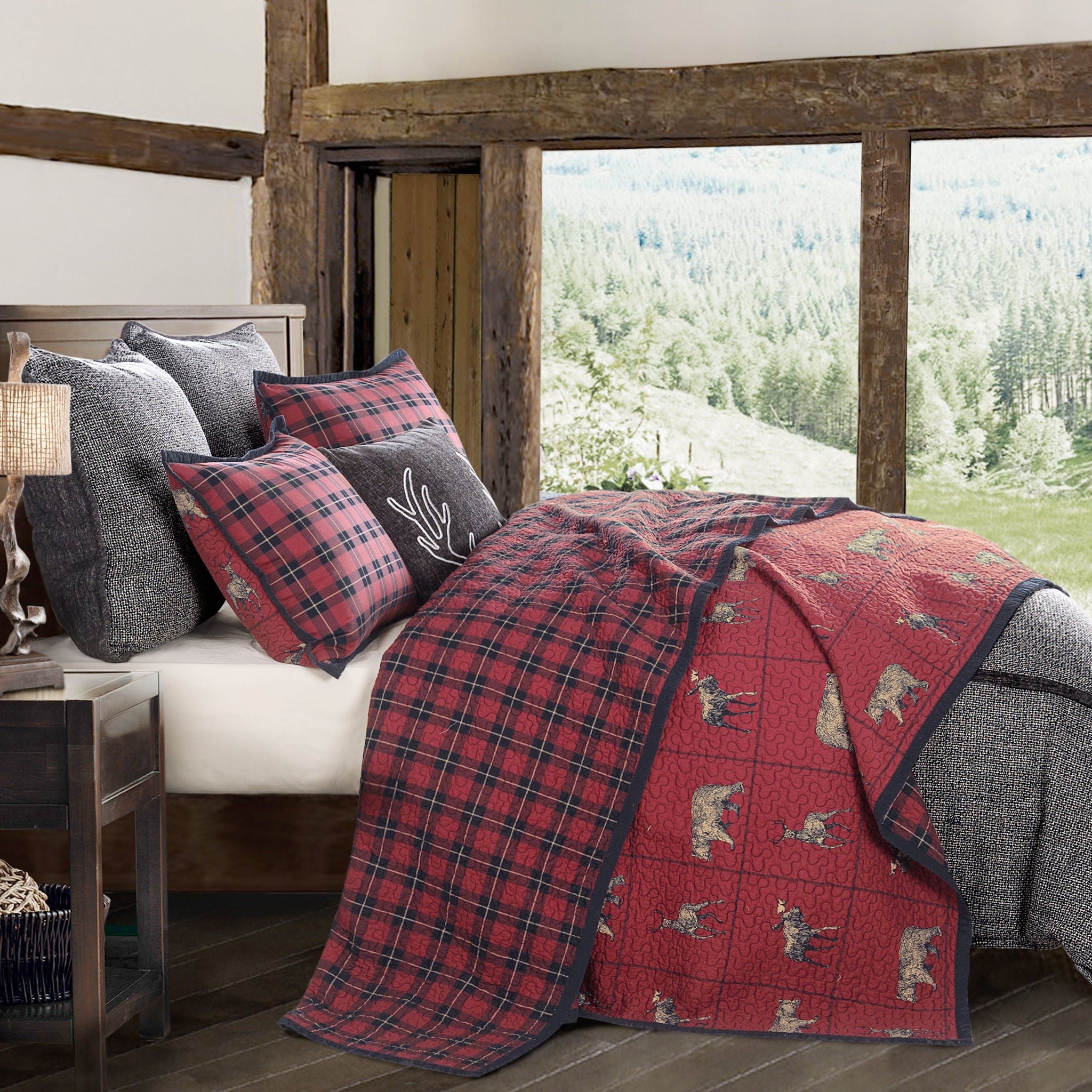 Woodland Plaid - King Reversible Quilt Set (Set of 3) - Red / Navy