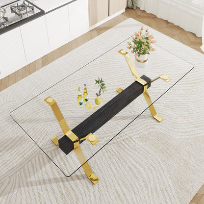 Modern Tempered Glass Dining Table With Metal Legs And Crossbars - Transparent