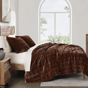 Stella - Full/Queen Faux Silk Velvet Double Box Stitch Quilt Set (Set of 3) - Copper Brown
