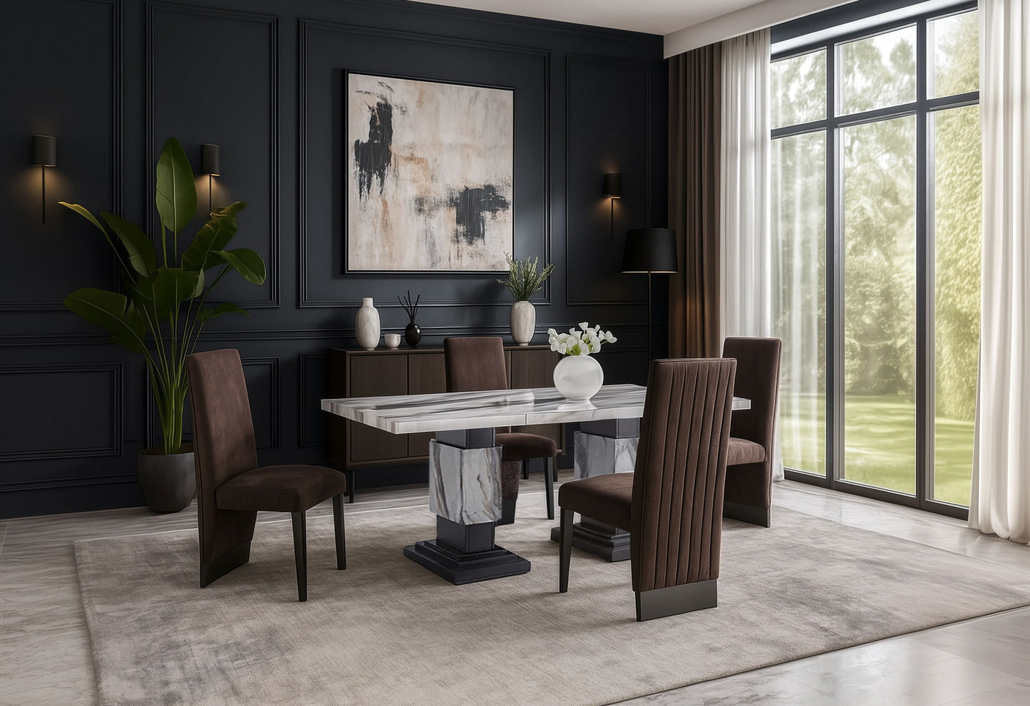 D12 - 7 Piece Dining Room Set (Dining Table And 6 Dining Chairs) - Black / Brown