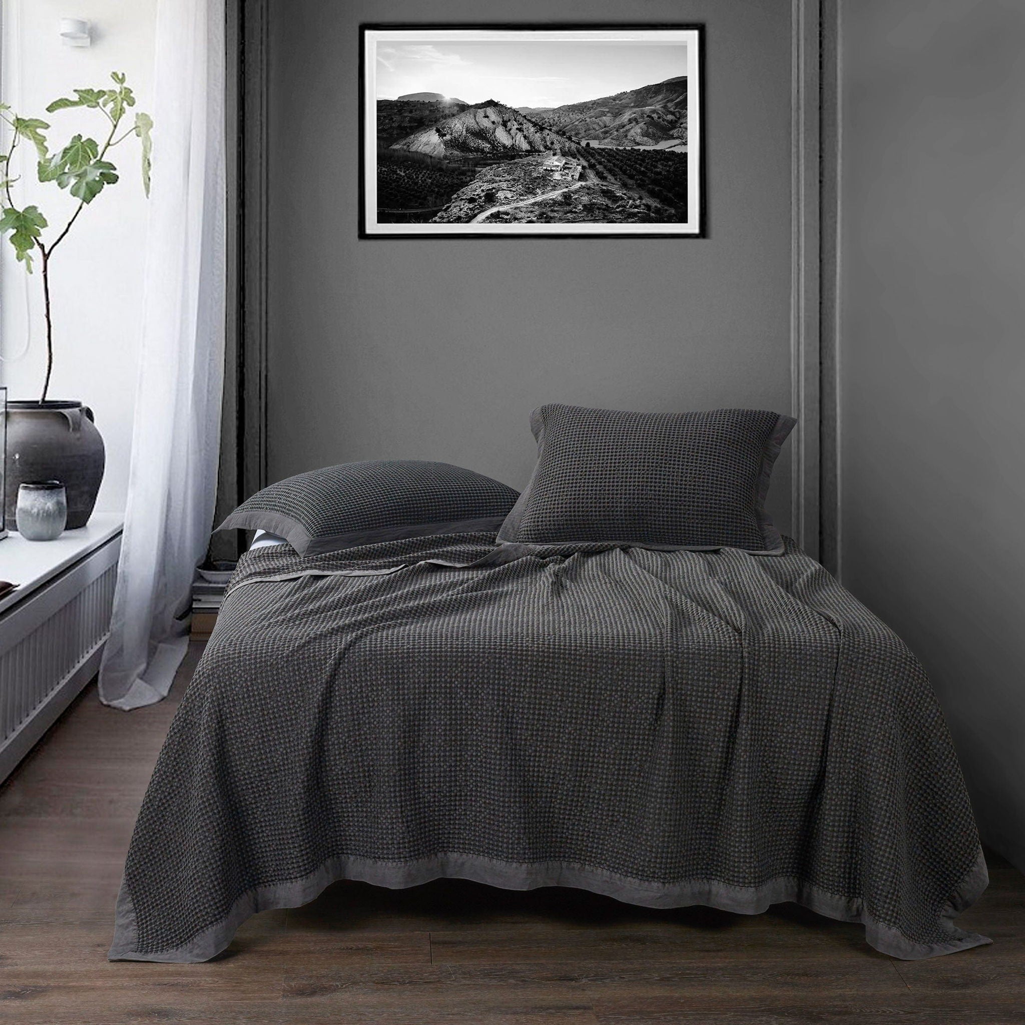 Stonewashed Cotton Waffle Weave - King Coverlet Set (Set of 3) - Slate