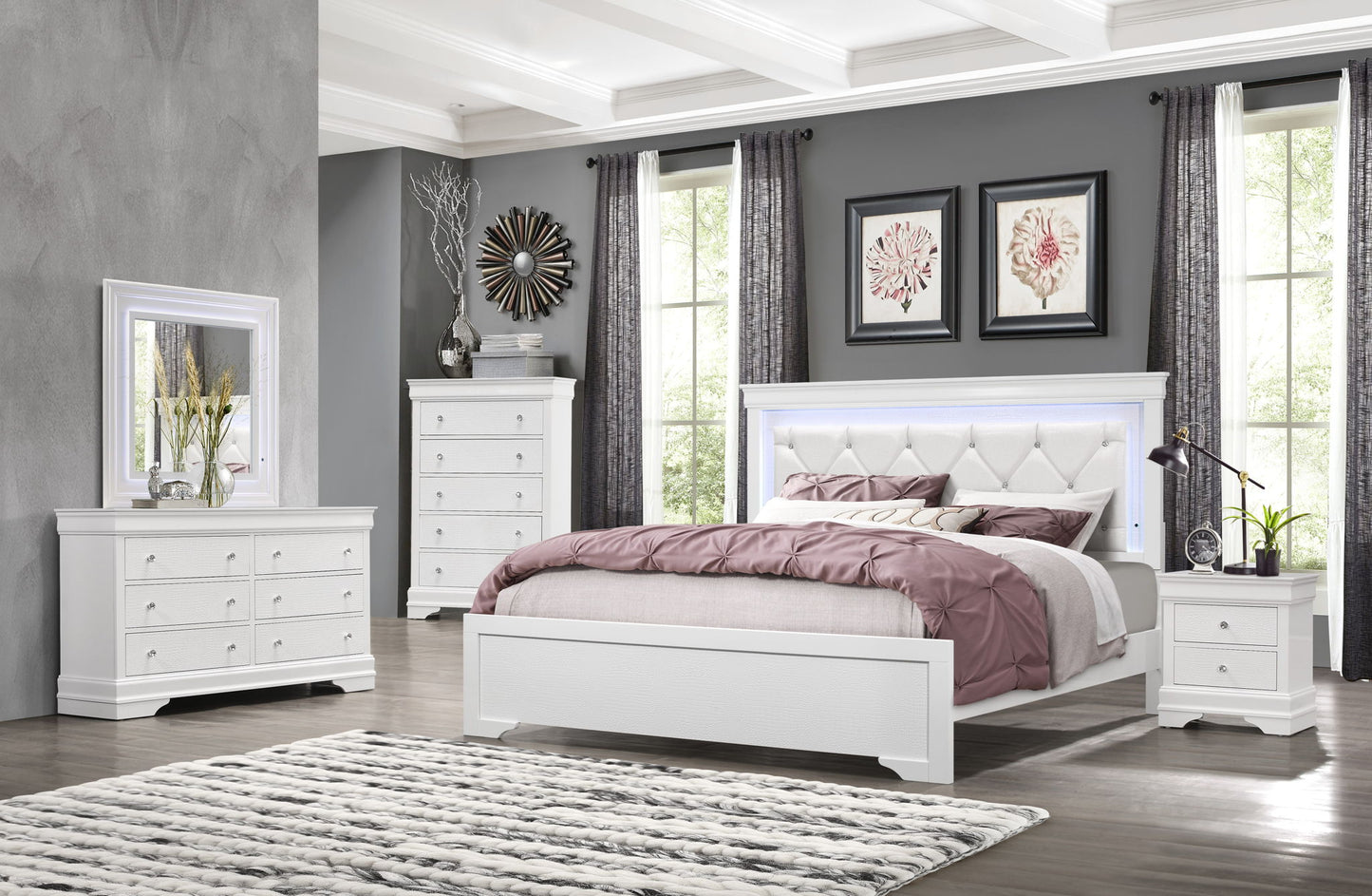 Pompei - 5 Piece Queen Bedroom Set (Bed, Dresser, Mirror, 2 Nightstands) - White