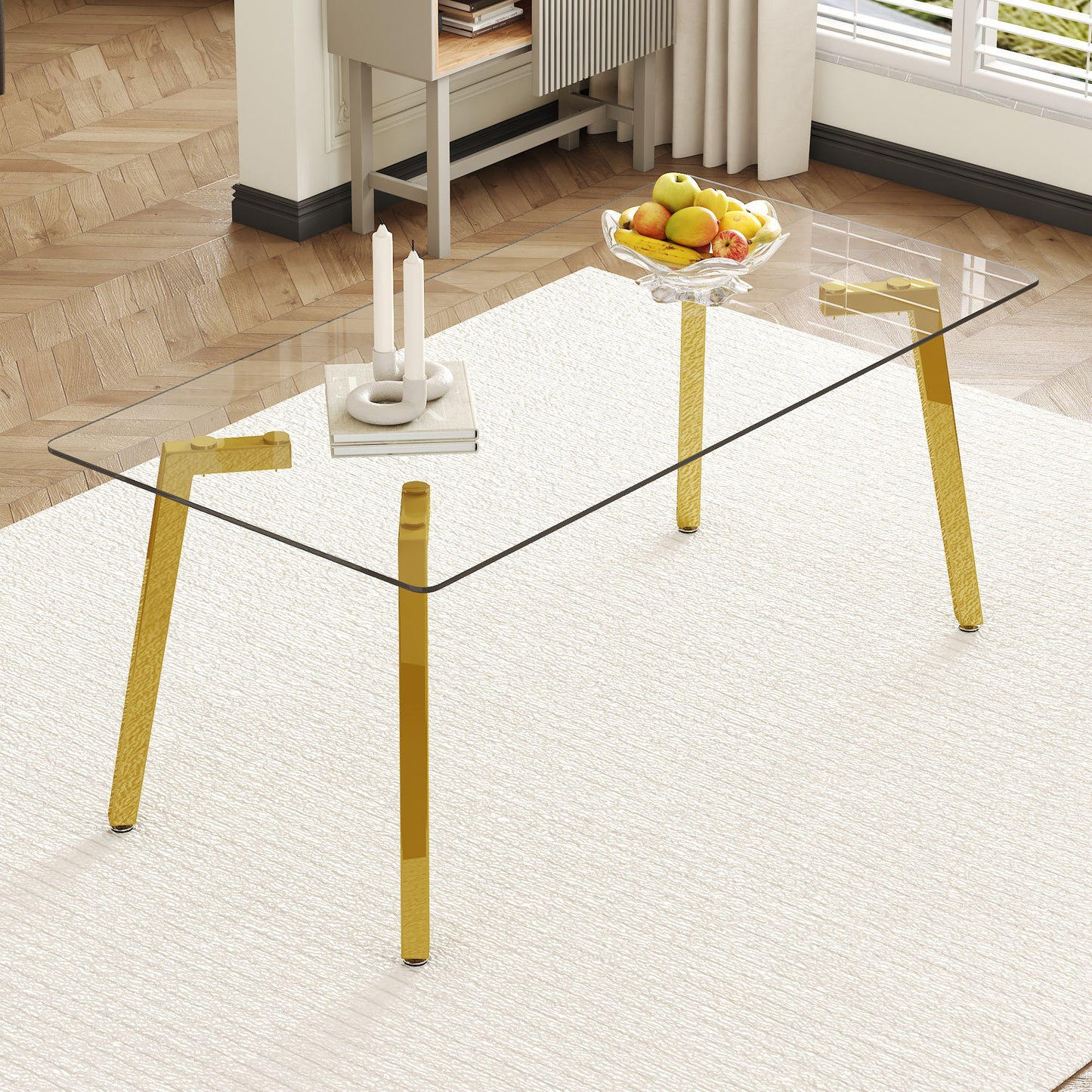 Minimalist Rectangular Dining Table With Transparent Glass Top And Metal Legs