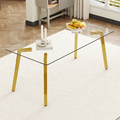 Minimalist Rectangular Dining Table With Transparent Glass Top And Metal Legs