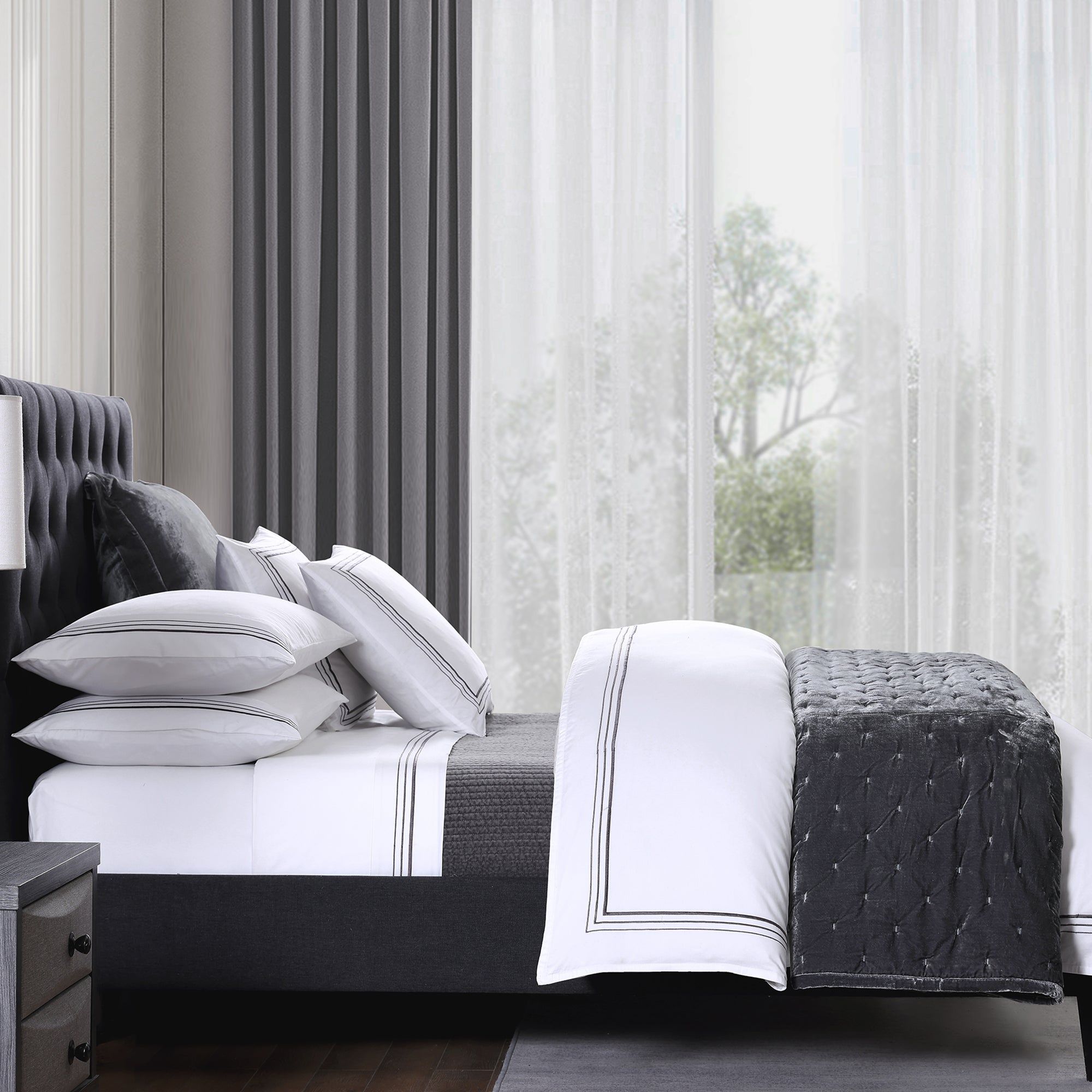 Border Embroidery - King Duvet Cover Set (Set of 3) - Gray