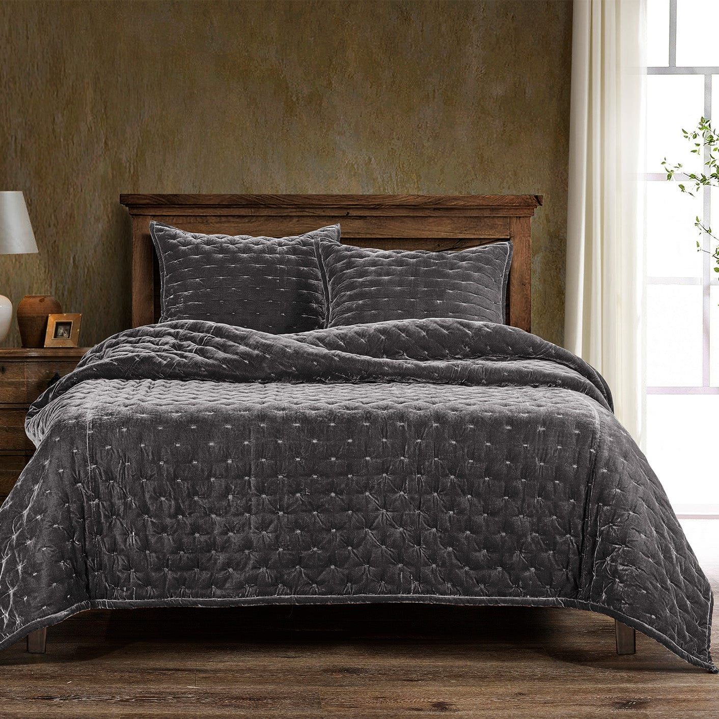 Stella - Full/Queen Faux Silk Velvet Pintuck Quilt Set (Set of 3) - Dark Slate