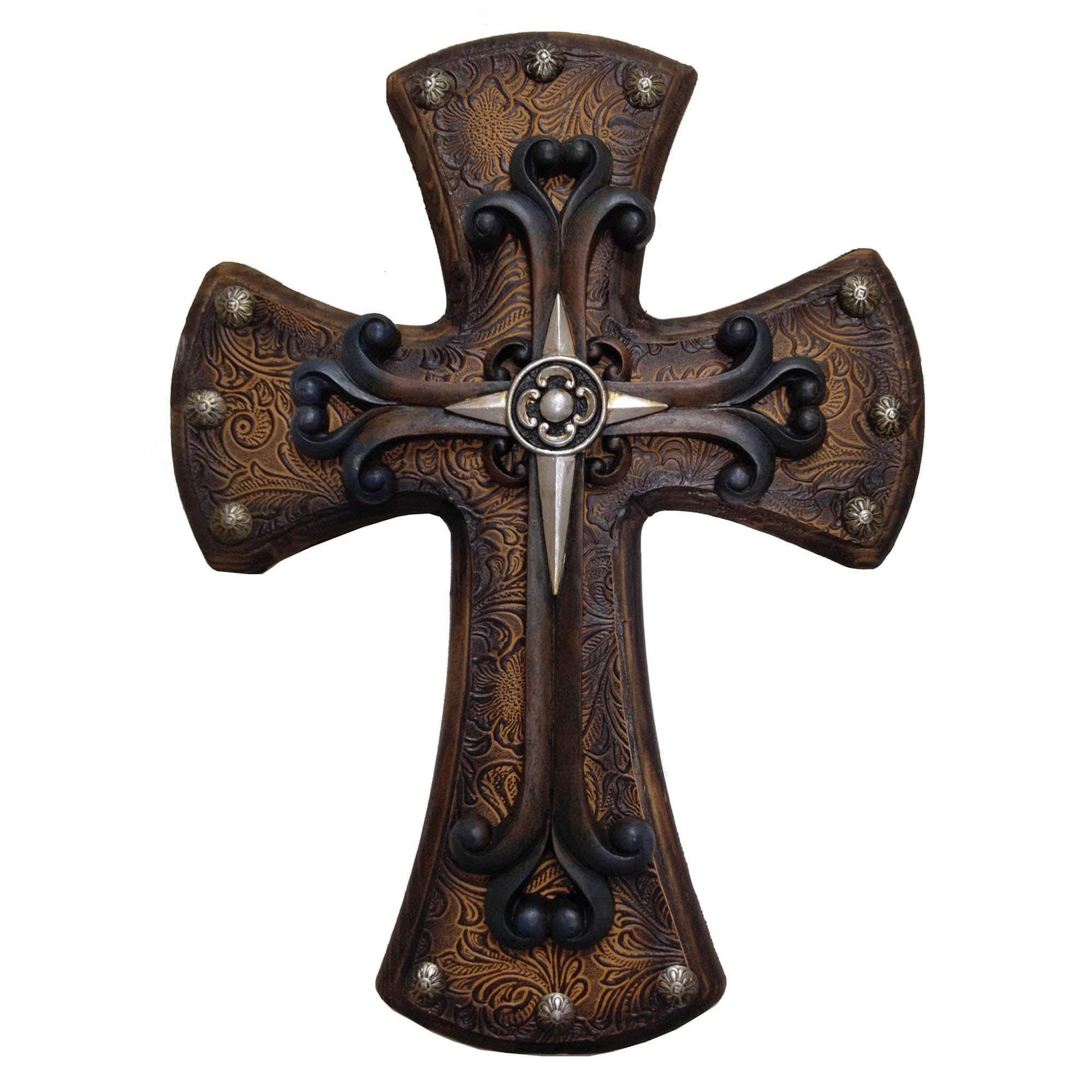 Cross - 15" x 11" Studded Tooled Leather Wooden Cross With Silver Cross Overlay 4 Per Carton - Brown