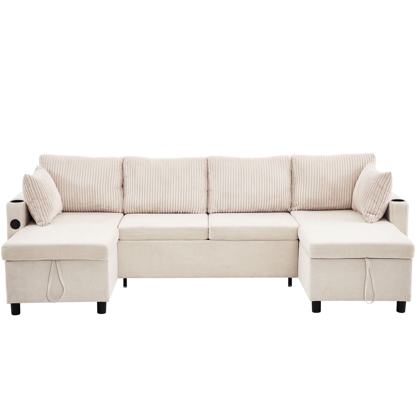 Sectional Sofa Bed With Pull Out Sleeper, USB Ports, Cup Holders