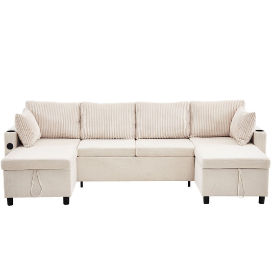 Sectional Sofa Bed With Pull Out Sleeper, USB Ports, Cup Holders