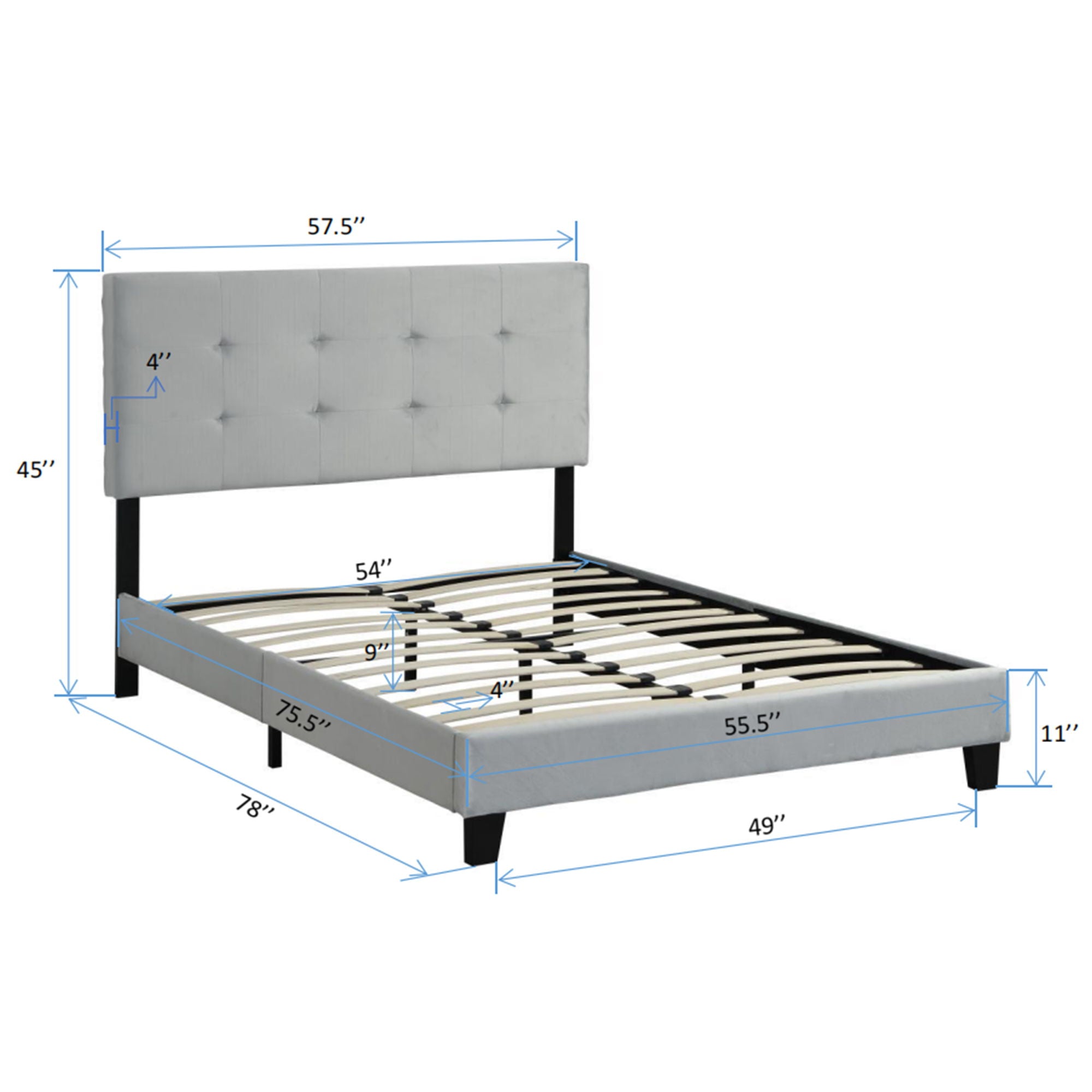 Full Size Upholstered Platform Bed Frame With Tufted Headboard, Strong Wood Slat Support - Gray