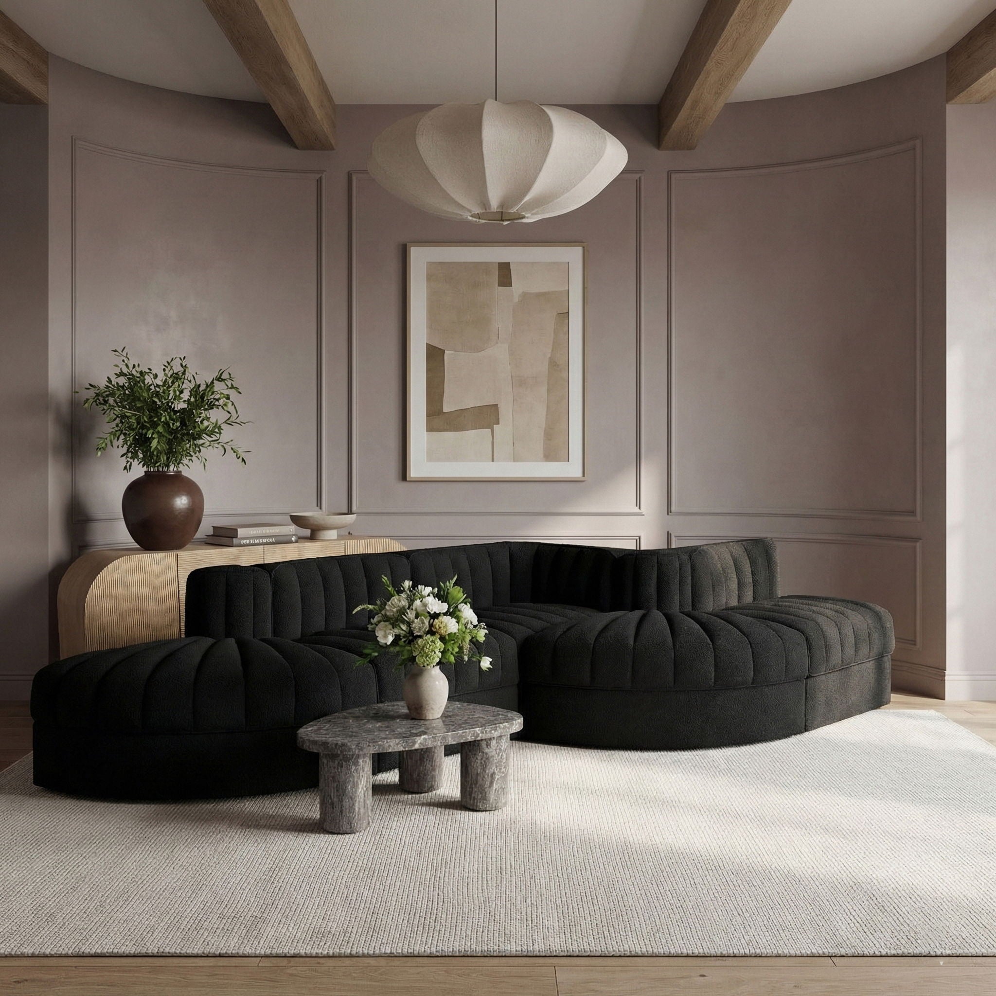 Rummi - Rounded Velvet Performance Fabric Upholstered 5 Piece Modular Sectional