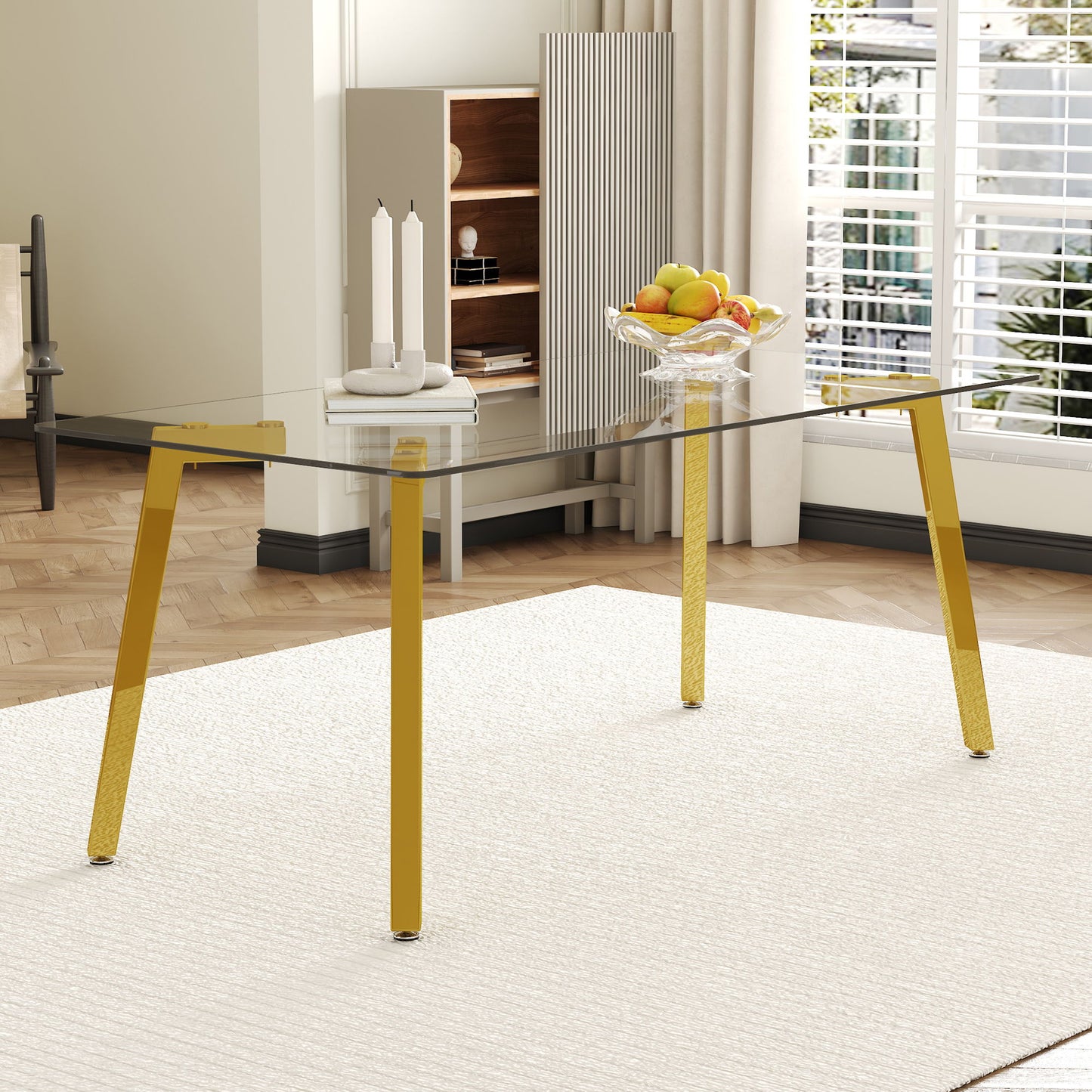 Minimalist Rectangular Dining Table With Transparent Glass Top And Metal Legs
