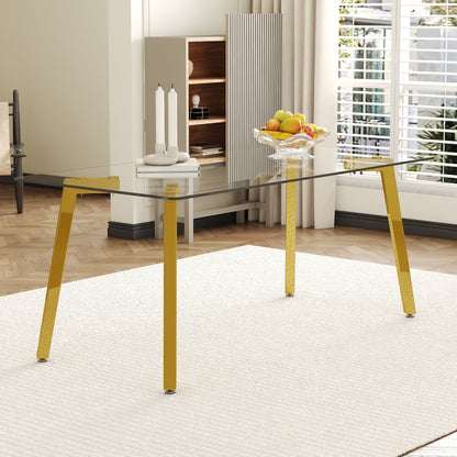 Minimalist Rectangular Dining Table With Transparent Glass Top And Metal Legs