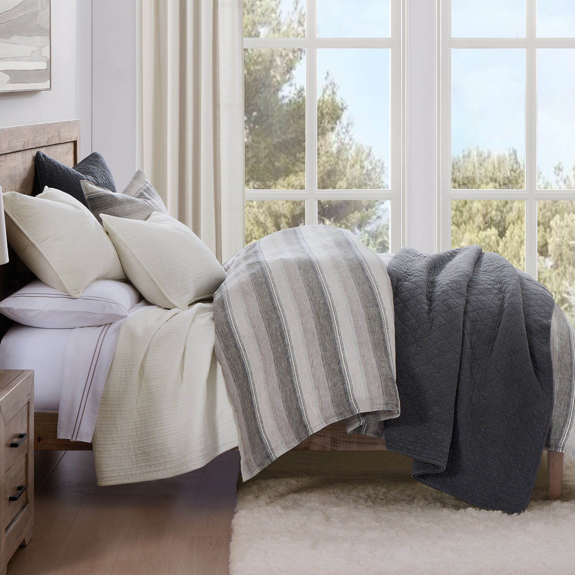 100% French Flax Linen - Queen Variegated Stripe Duvet Cover Set (Set of 3) - Charcoal