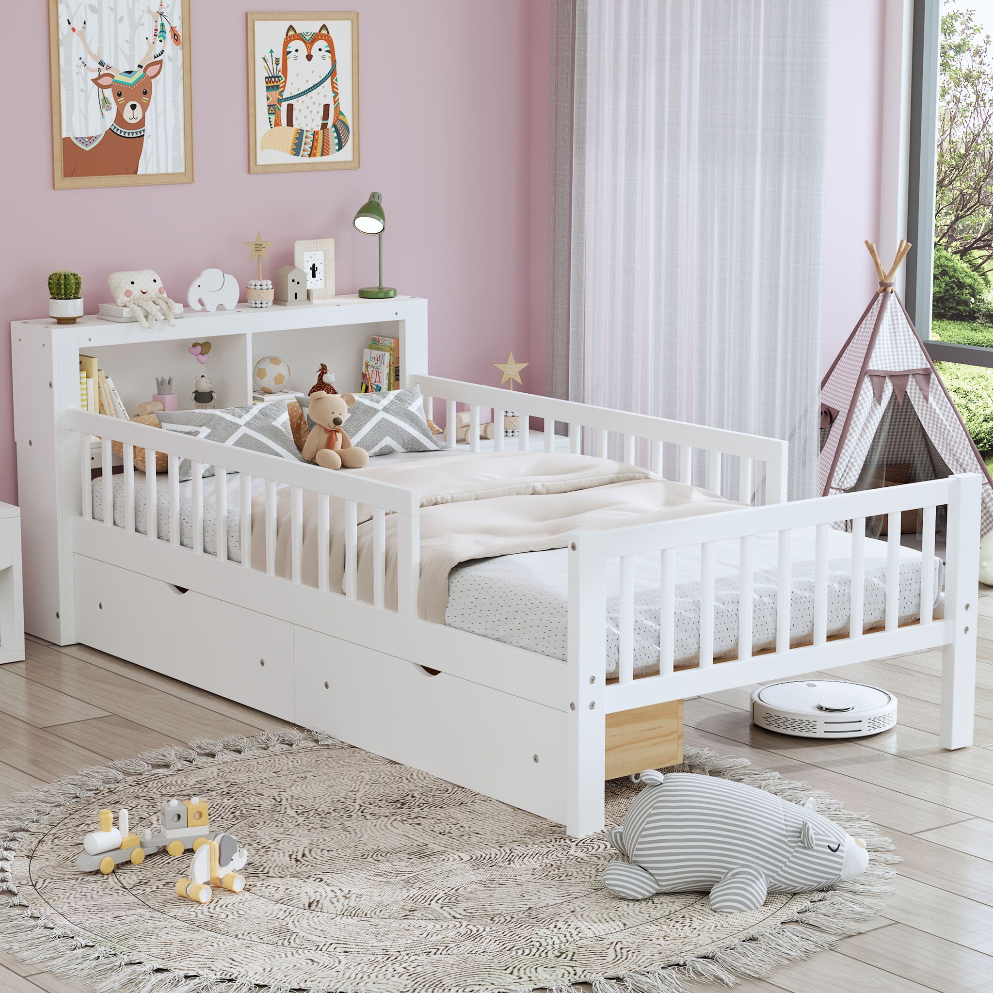 Bed With Headboard Storage Rack, 2 Under Bed Drawers, 3 Side Guardrails For Safety