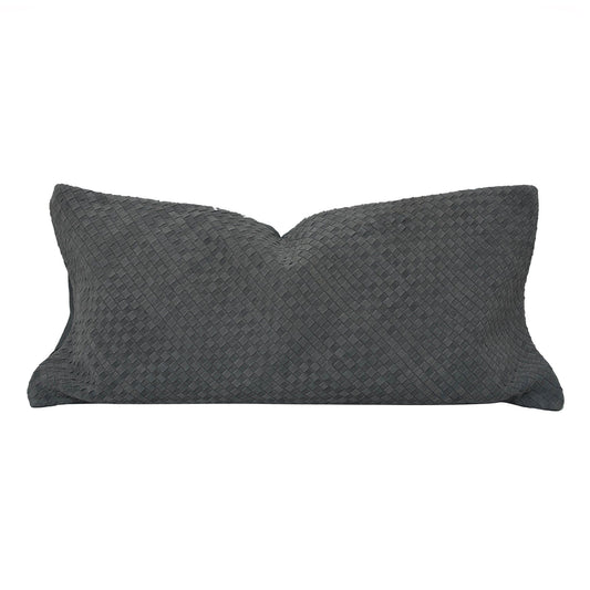 Genuine Leather - Woven Suede Lumbar Pillow - Gray