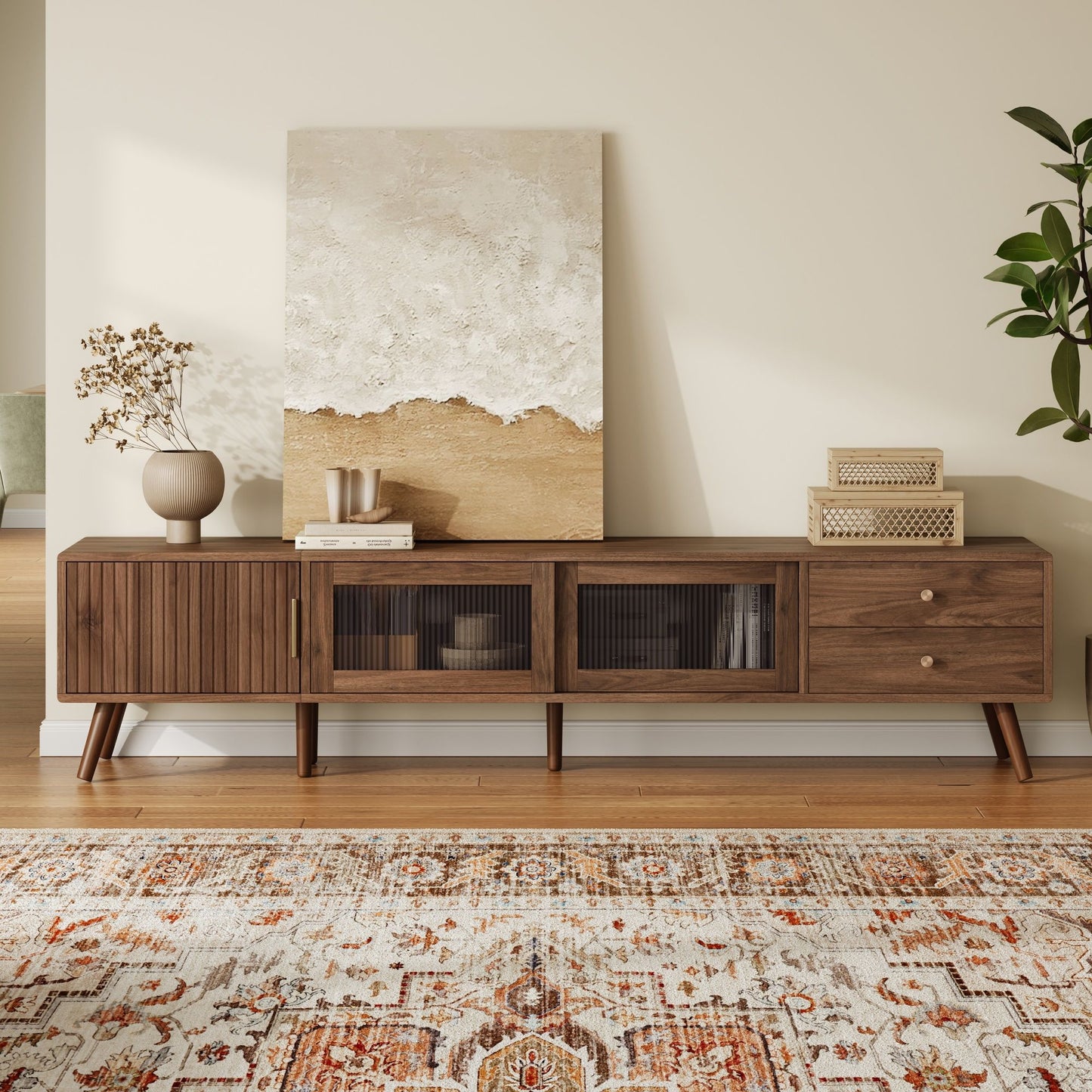 Doors TV Stand For TVs Up To 85", Entertainment Center With Storage Cabinets, TV Media Console Table For Living Room - Natural