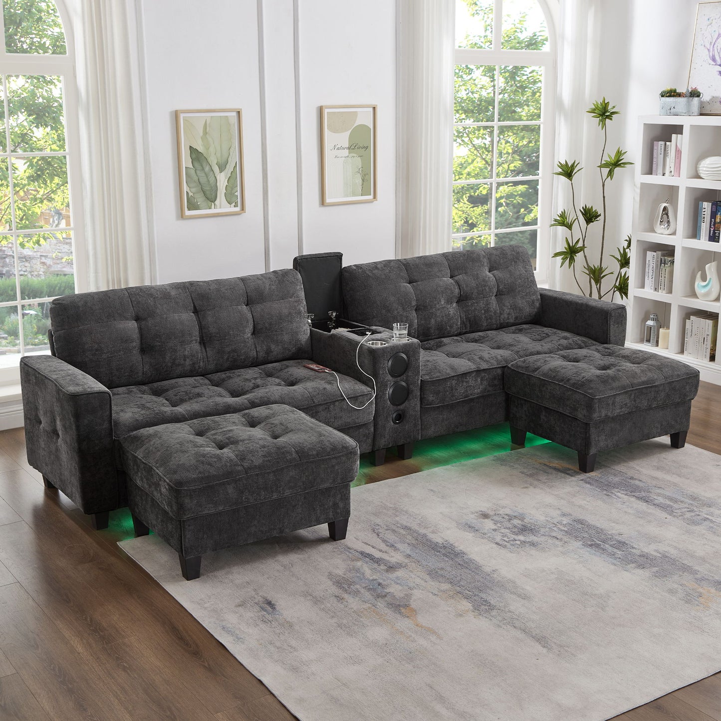 Modern Sectional Sofa U-Shaped With Movable Ottomans, Bluetooth Speakers, LED Lights And Modular Storage