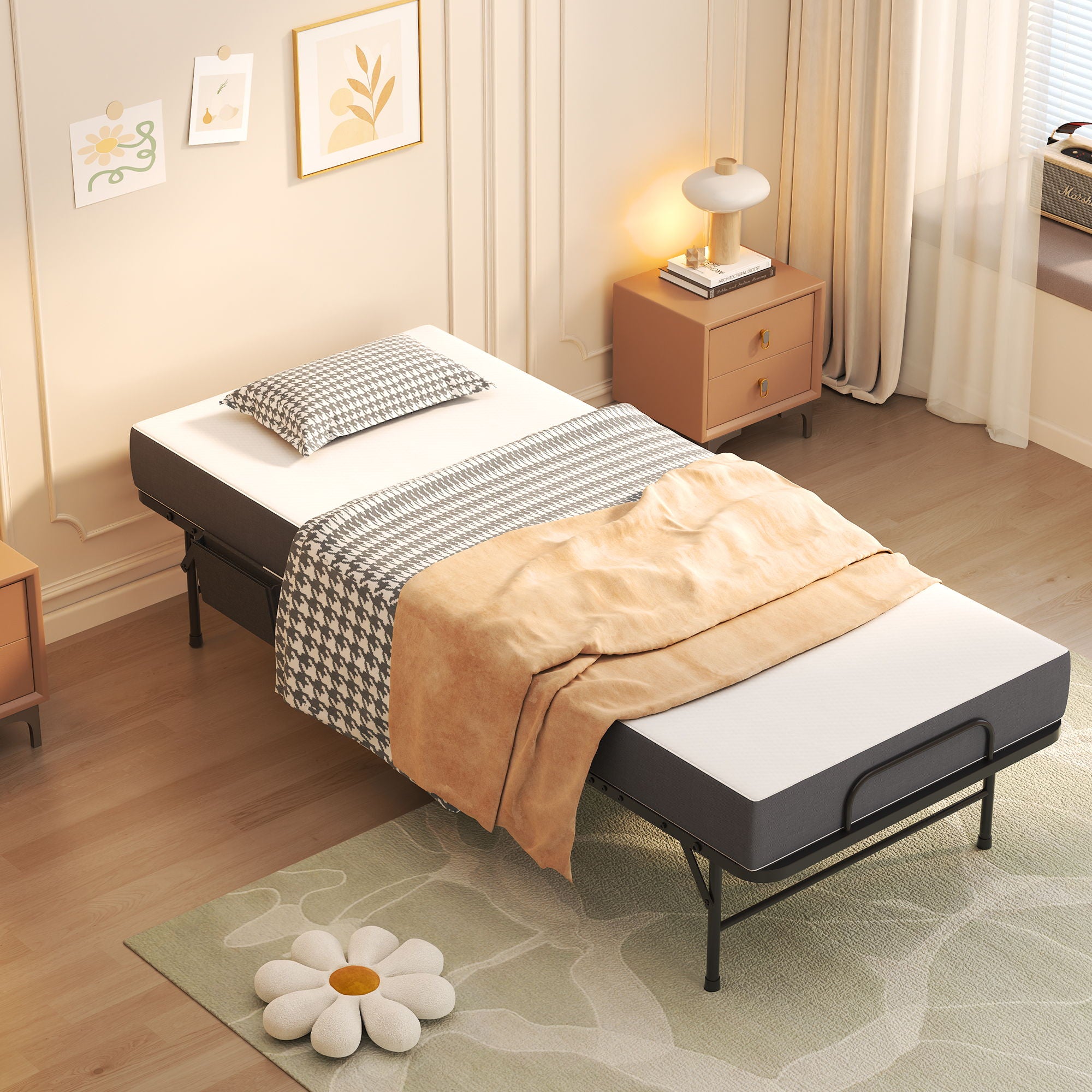 Twin Folding Bed With Memory Foam Mattress, On Wheels, Portable Bed For Adults & Guests - Black