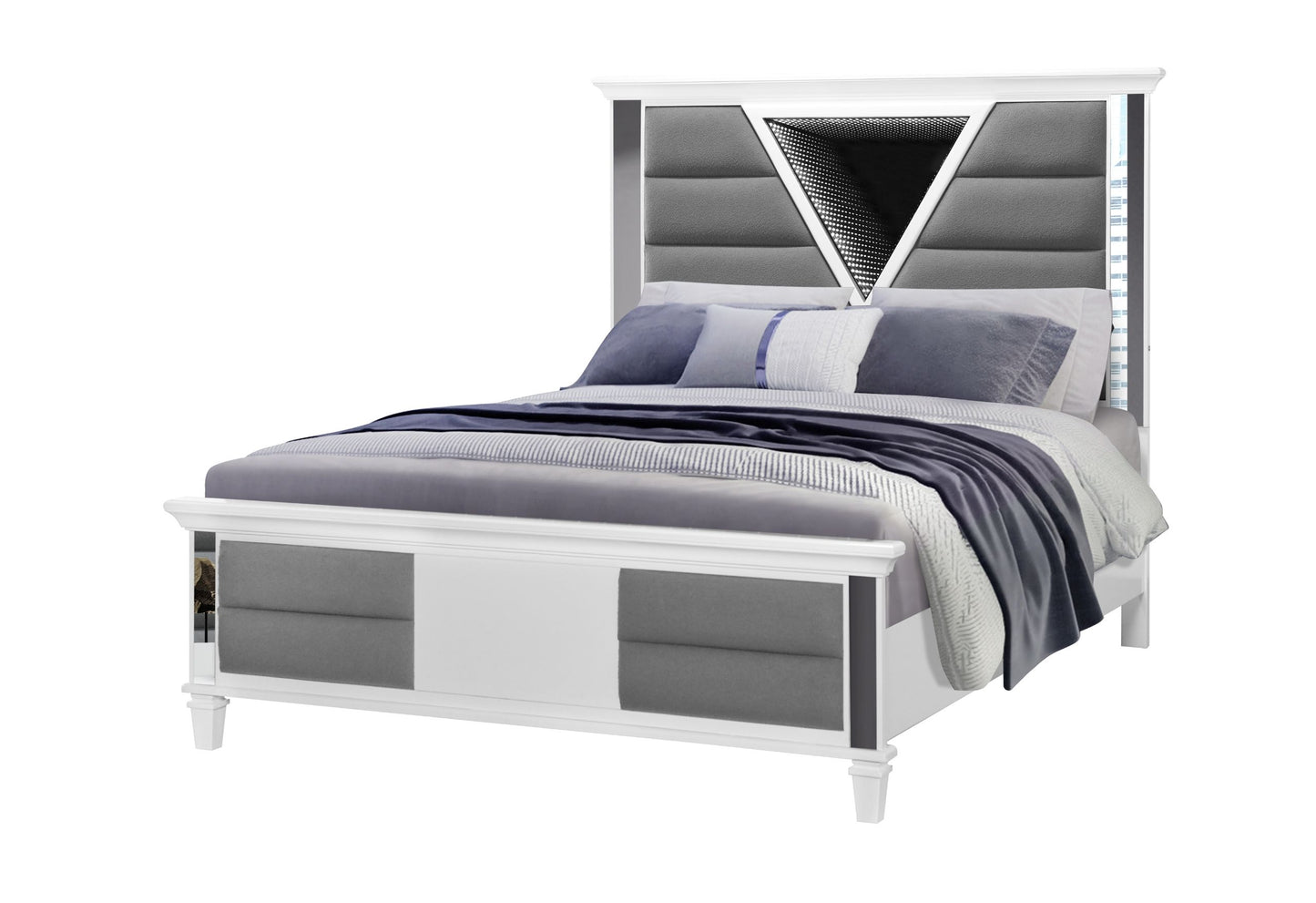 Marco - Queen Bed With LED 3D Mirror - Metallic White