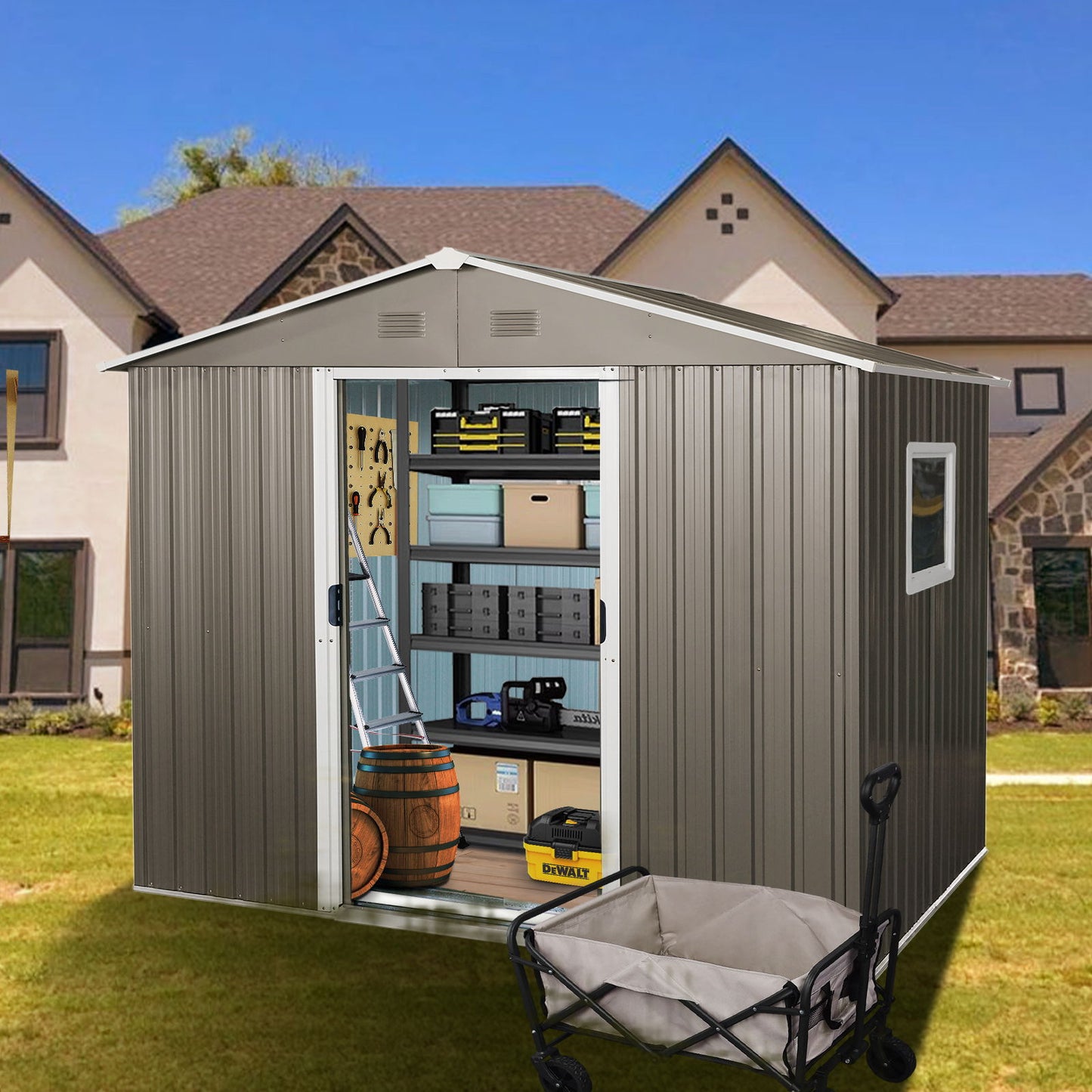 8Ft x 6Ft Outdoor Metal Storage Shed With Window (W540S00016) - Gray