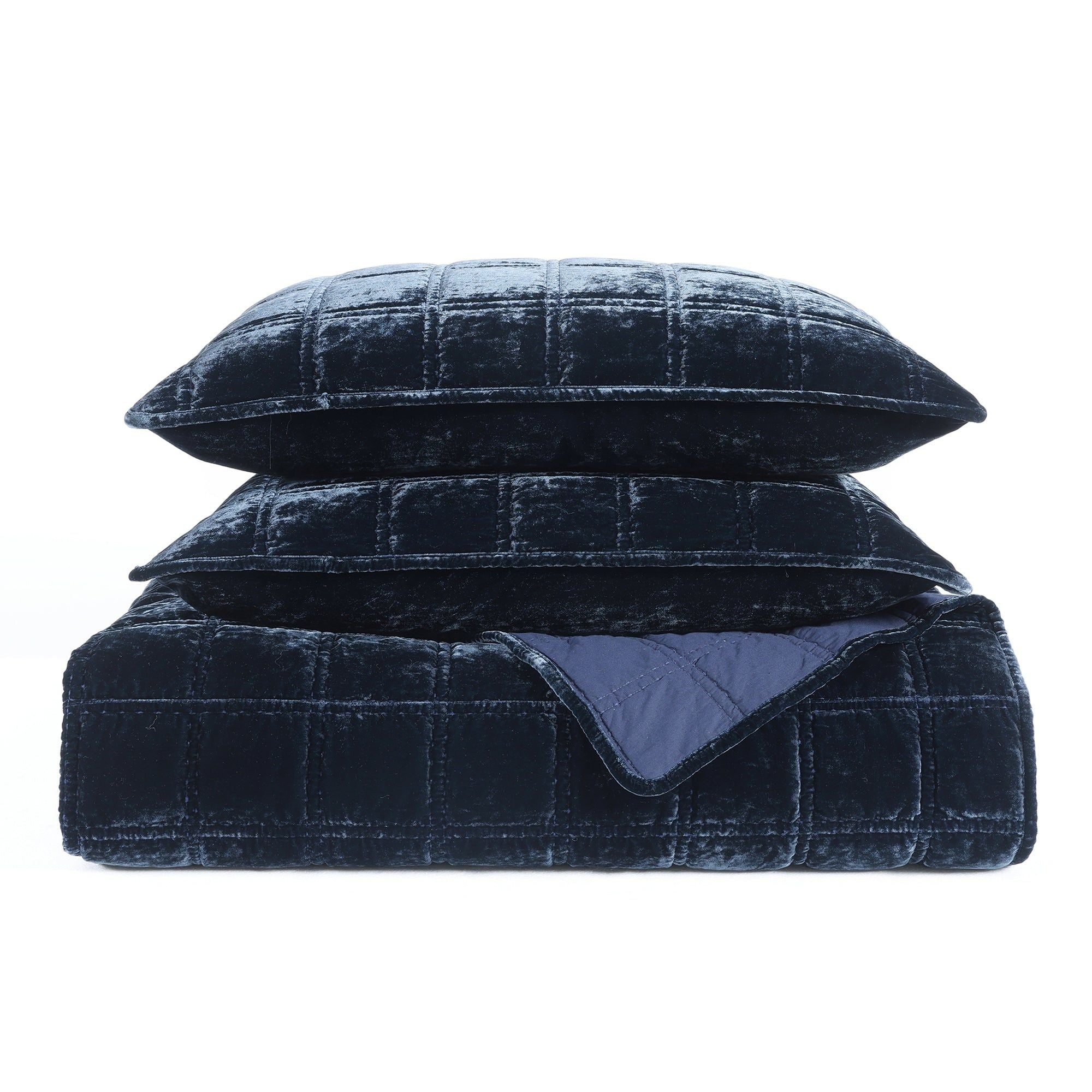 Stella - Full/Queen Faux Silk Velvet Double Box Stitch Quilt Set (Set of 3) - Midnight Blue